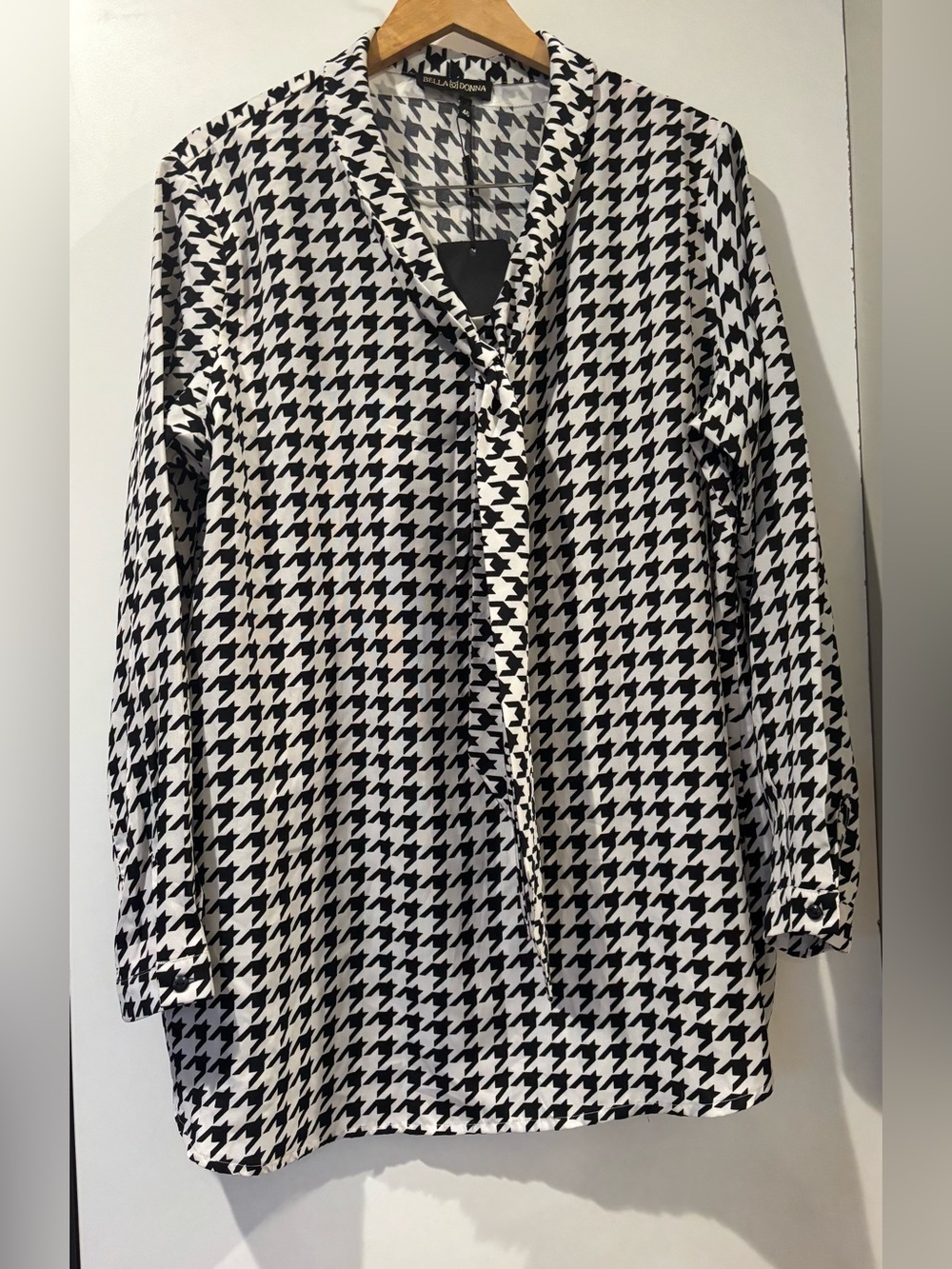 Bella Donna black and white houndstooth print long sleeve blouse size 16 new!